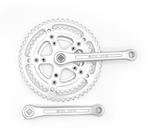 Pédalier vélo ancien vintage SOLIDA aluminium 52/42/32 dents – triple plateau –